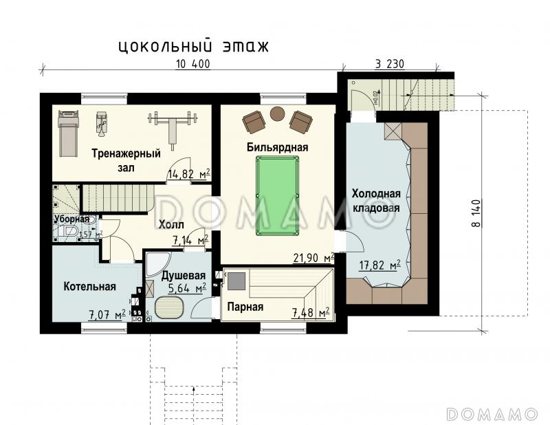 Проект загородного дома с бильярдной, парной, спортзалом, каминной зоной / План цокольного этажа