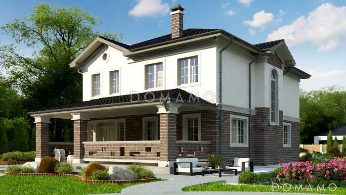 Проект современного двухэтажного дома из кирпича с пятью комнатами и крытой террасой, без гаража