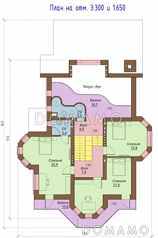 Проект двухэтажного коттеджа с цоколем, с двумя эркерами, балконом и двумя террасами / План 2 этажа