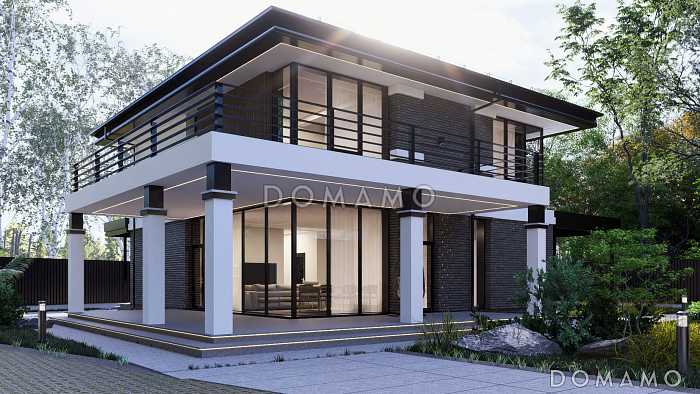 Проект двухэтажного дома с мастер-спальней, балконом и большой крытой террасой