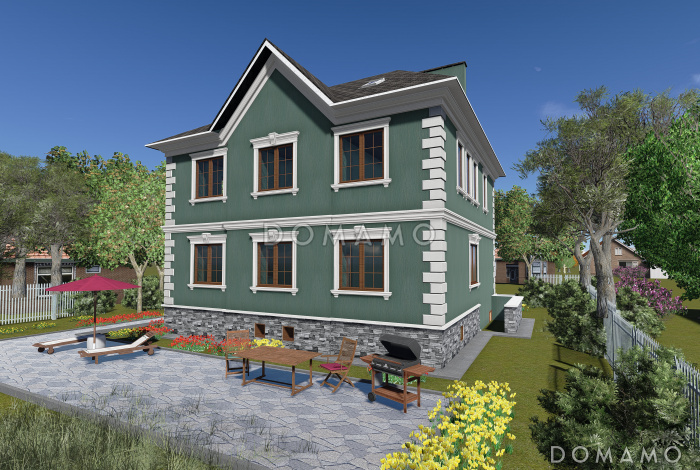 Проект большого двухэтажного дома с цоколем и мансардой,с эркером, сауной и бассейном