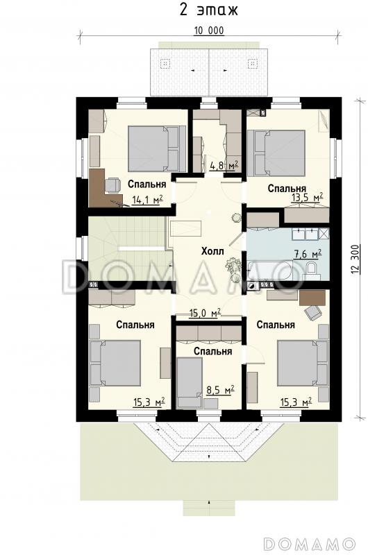 Проект загородного дома с террасой, гостиной с эркером, сауной, пятью спальнями на мансардном этаже / План мансардного этажа
