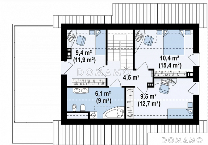 Проект компактного одноэтажного мансардного дома из кирпича с кабинетом, тремя спальнями и открытой террасой над гаражом / План мансардного этажа
