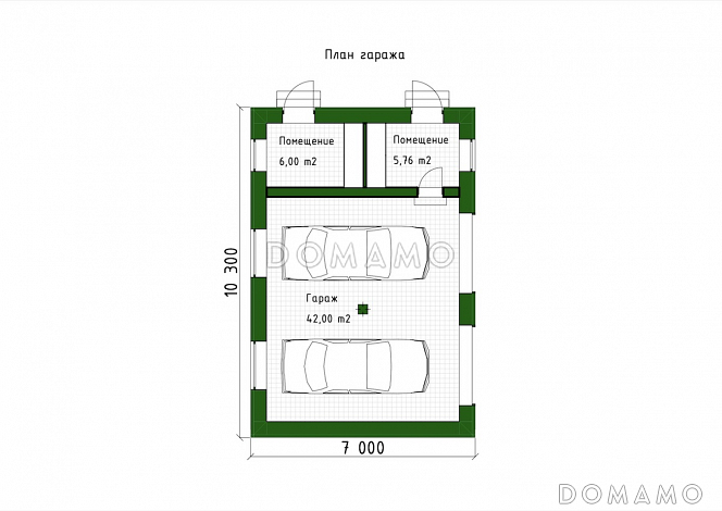 Проект двухместного гаража из газобетона с двумя хозяйственными помещениями / План 1 этажа