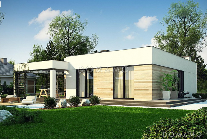 Проект современного одноэтажного дома из кирпича с плоской крышей с тремя спальнями и частично крытой террасой