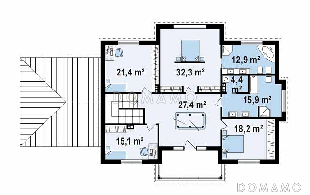 Проект большого двухэтажного дома из кирпича с четырьмя спальнями, гаражом, сауной и просторной дневной зоной / План 2 этажа
