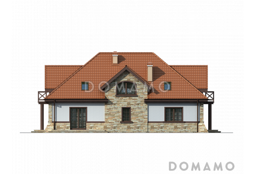 Проект комфортного одноэтажного мансардного дома из кирпича для двух семей в стиле русской усадьбы / Фасад 2