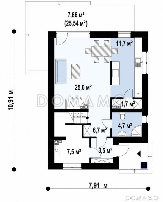 Проект классического двухэтажного дома из газобетона с четырьмя комнатами, техническим помещением и небольшой угловой террасой / План 1 этажа