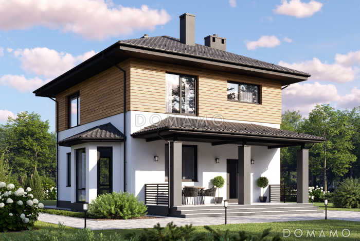 Проект дома из газобетона с эркером, крыльцом-террасой и 4 спальнями