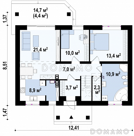 Проект мансардного дома из газобетона с острой крышей, с тремя спальнями и небольшой крытой террасой / План 1 этажа