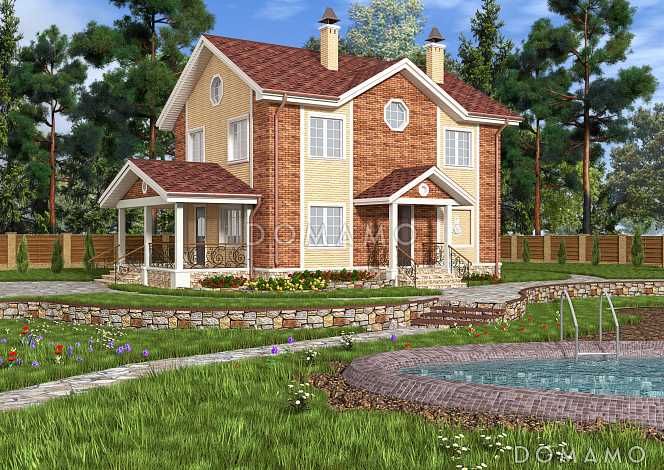 Проект двухэтажного коттеджа с террасой и двухцветной облицовкой