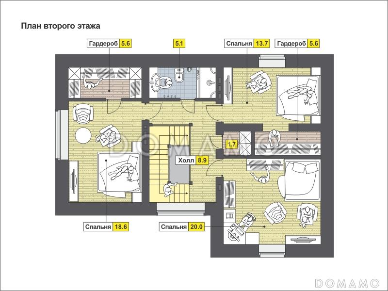 Проект одноэтажного дома с длинной крытой террасой, просторной гостиной и комнатой на первом этаже и тремя спальнями на мансардном этаже / План мансардного этажа