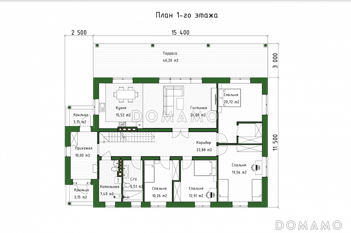 Проект дома с мансардой, вторым светом, большой гостиной и 4 спальнями / План 1 этажа