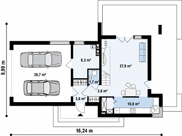 Проект современного двухэтажного дома из газобетона с тремя спальнями, пристроенным гаражом и террасой над ним / План 1 этажа
