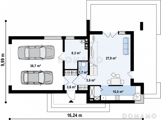 Проект современного двухэтажного дома из газобетона с тремя спальнями, пристроенным гаражом и террасой над ним / План 1 этажа