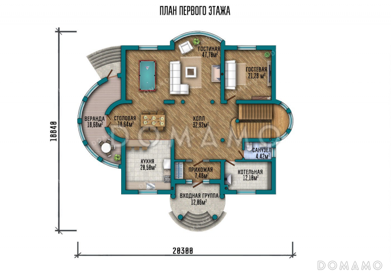 Проект двухэтажного дома с мансардой, четырьмя спальнями и балконом / План 1 этажа