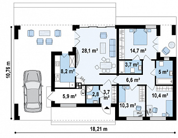 Проект современного одноэтажного дома из газобетона с тремя спальнями и оригинальным навесом для автомобиля совмещённым с террасой / План 1 этажа