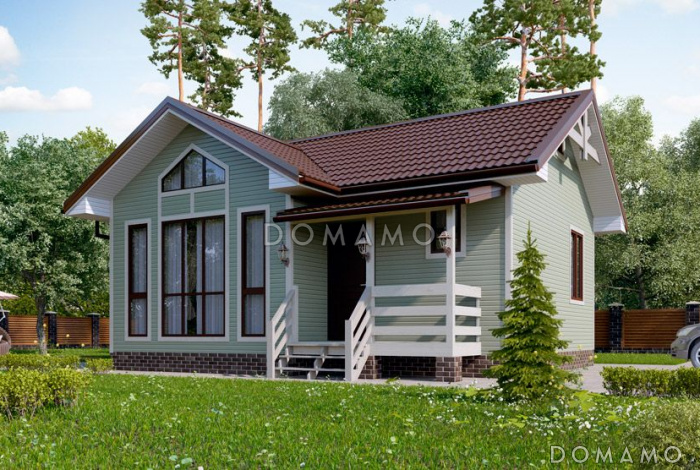 Проект  одноэтажного дома из клееного бруса с окнами в пол