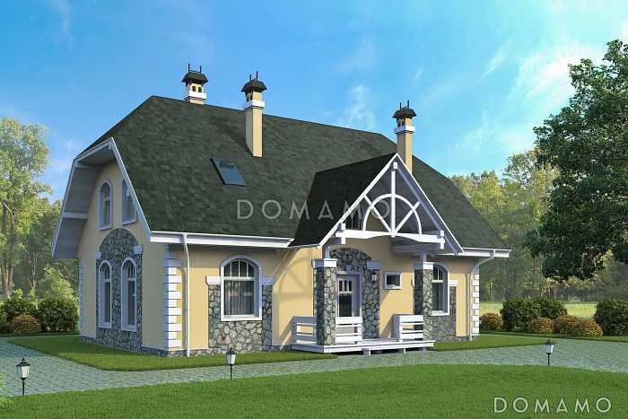 Проект уютного загородного дома из SIP панелей с ажурным крыльцом под зеленой крышей