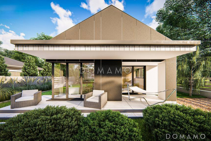 Проект одноэтажного загородного дома небольшой площади с гаражом, двумя спальнями с большими окнами