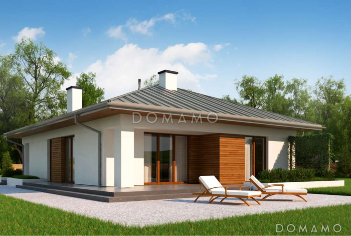 Проект комфортного одноэтажного дома из газобетона с гаражом, тремя спальнями и изолированной кухней