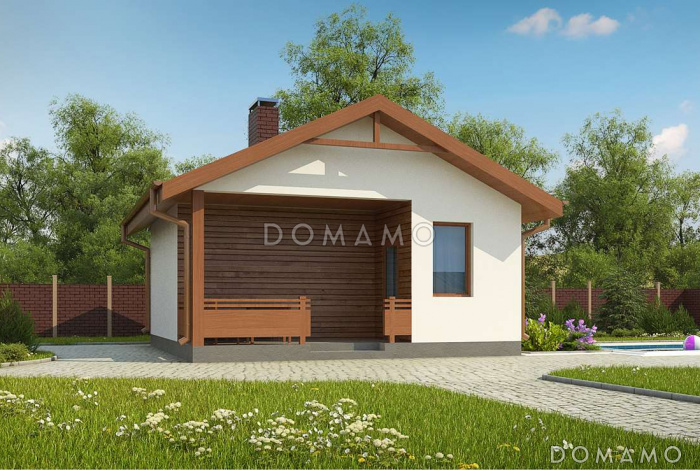 Проект небольшой бани из газобетона с комнатой отдыха и крытой террасой