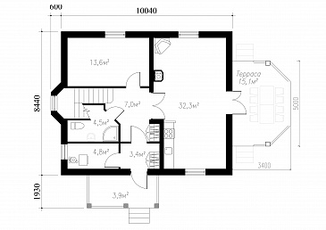 Проект практичного коттеджа с террасой в европейском стиле  / План 1 этажа