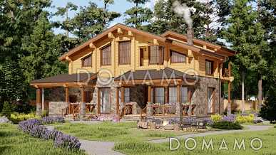 Проект двухэтажного дома из каменных блоков и бруса, с тремя балконами и террасой