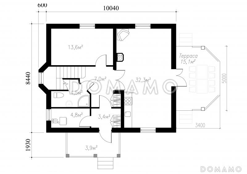Проект практичного коттеджа с террасой в европейском стиле  / План 1 этажа
