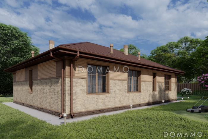 Проект одноэтажного дома с тремя спальнями, объединенной гостиной-кухней, небольшой террасой и хозяйственным помещением