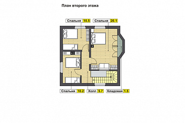 Проект дома с гостевой на первом этаже, гостиной с кухней-столовой, крытой террасой, кладовой в эркере мансардного этажа / План мансардного этажа