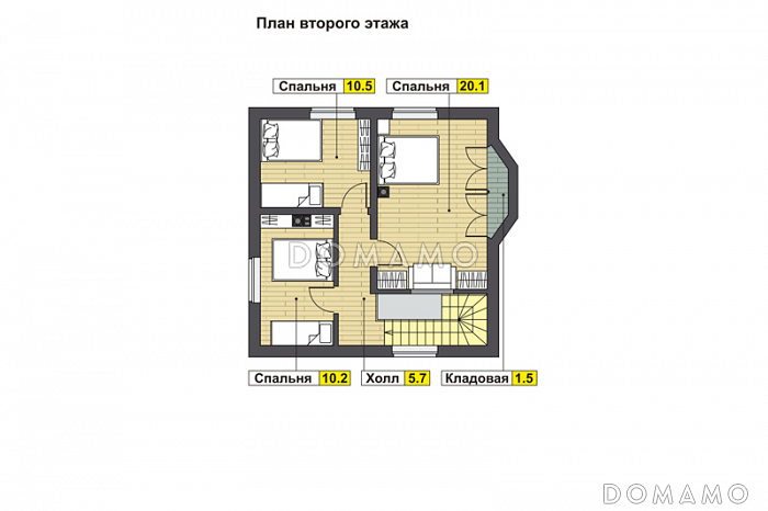 Проект дома с гостевой на первом этаже, гостиной с кухней-столовой, крытой террасой, кладовой в эркере мансардного этажа / План мансардного этажа
