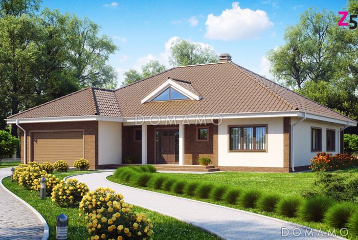 Проект просторного одноэтажного дома из кирпича с тремя спальнями и гаражом на два автомобиля