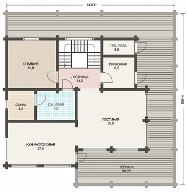 Проект коттеджа в скандинавском стиле из клееного бруса / План 1 этажа