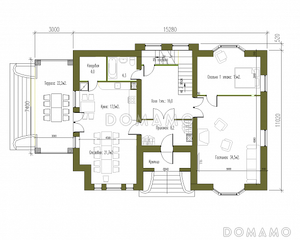 Проект особняка в стиле Тюдор / План 1 этажа