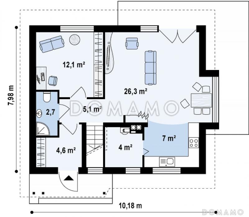 Проект небольшого одноэтажного мансардного дома из кирпича с дополнительной комнатой на первом этаже и эркером / План 1 этажа