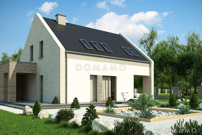 Проект современного одноэтажного мансардного дома из газобетона с пристроенным гаражом