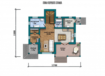 Проект двухэтажного дома с террасой и тремя спальнями / План 1 этажа