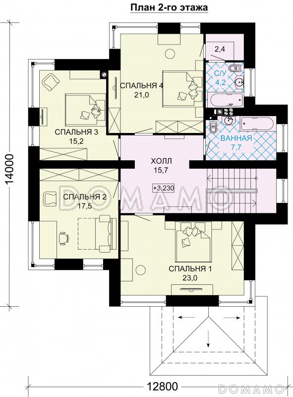 Проект загородного дома с четырьмя спальными комнатами и гаражом для одного автомобиля / План 2 этажа