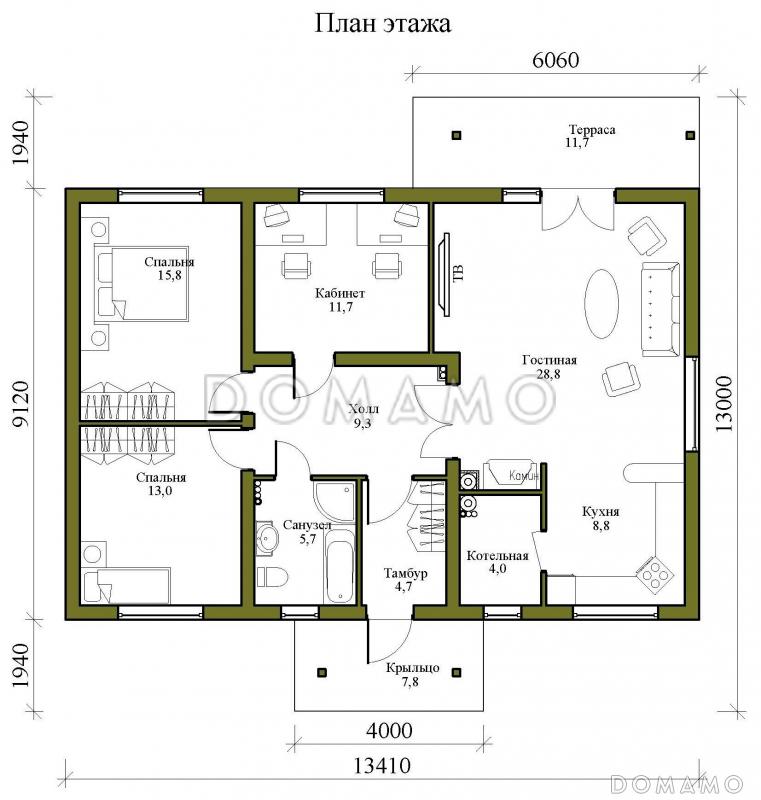 Проект одноэтажного газобетонного дома с просторной гостиной, двумя спальнями и кабинетом / План 1 этажа
