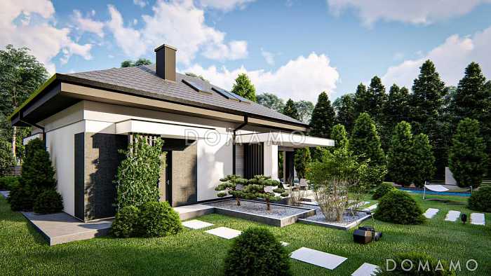 Проект загородного дома с гаражом на одну машину, кладовой на кухне, мастер-спальней в мансарде