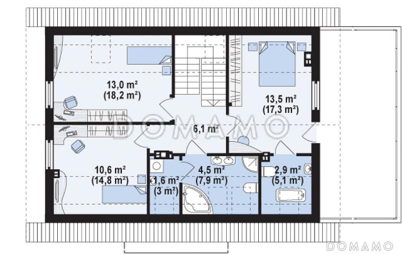 Проект одноэтажного мансардного дома из газобетона с дополнительной спальней на первом этаже и гаражом / План мансардного этажа