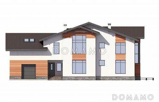 Проект дома с гаражом, двумя открытыми террасами, кабинетами, игровой на втором этаже, кладовыми / Фасад 1