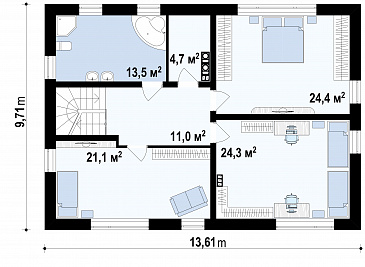 Проект удобного простого двухэтажного коттеджа из газобетона с кабинетом и просторной гостиной / План 2 этажа