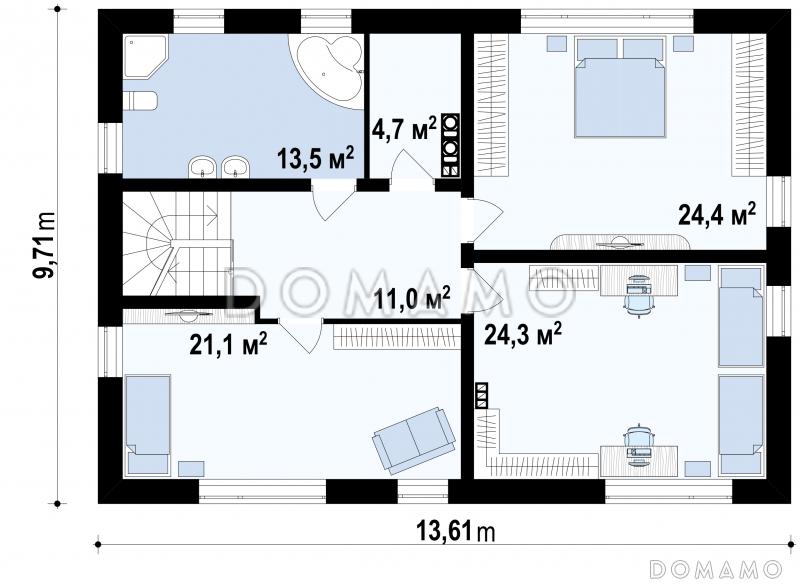 Проект удобного простого двухэтажного коттеджа из газобетона с кабинетом и просторной гостиной / План 2 этажа