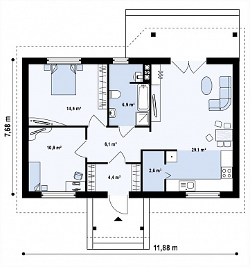 Проект компактного одноэтажного дома из кирпича с двумя спальнями и просторной гостиной / План 1 этажа