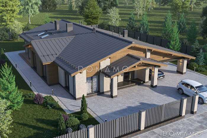 Проект одноэтажного дома с приватным блоком, спа-зоной, навесом для двух автомобилей и террасой с барбекю