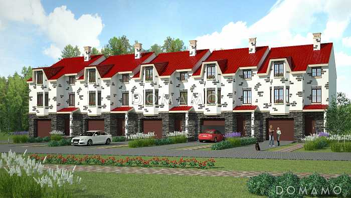 Проект необычного таунхауса с эркером и кукушками на крыше
