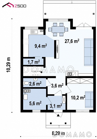 Проект загородного дома с террасой, балконом, кладовой на кухне, просторной ванной / План 1 этажа