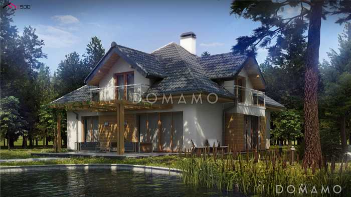 Проект дома с гаражом на две машины, спальней на первом этаже,  балконами и террасой